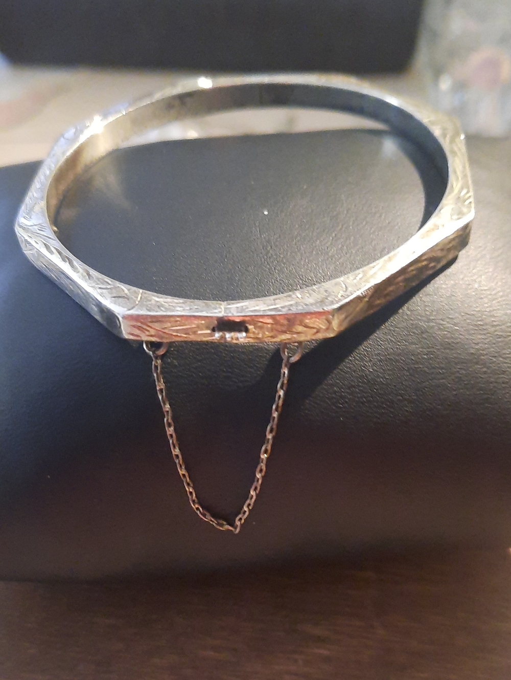 Sterling Silver Hexagonal Bangle Bracelet with Safety Chain - Silver
